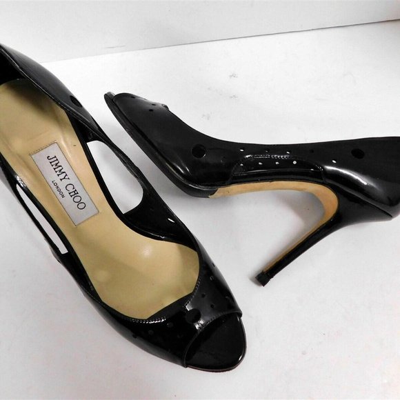Jimmy Choo Black Patent Leather Open Toe Pumps Heels Italy 40 - Picture 2 of 6